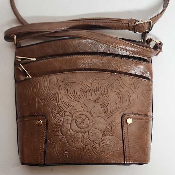 Handbags - Elegant Brown Embossed Faux Leather Unisex Crossbody SaddleBag